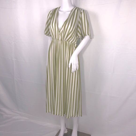 SMY MuMu Cream Olive Green Stripes V-Neck Short Sleeves Midi Dress SzM NWT - Picture 2 of 16